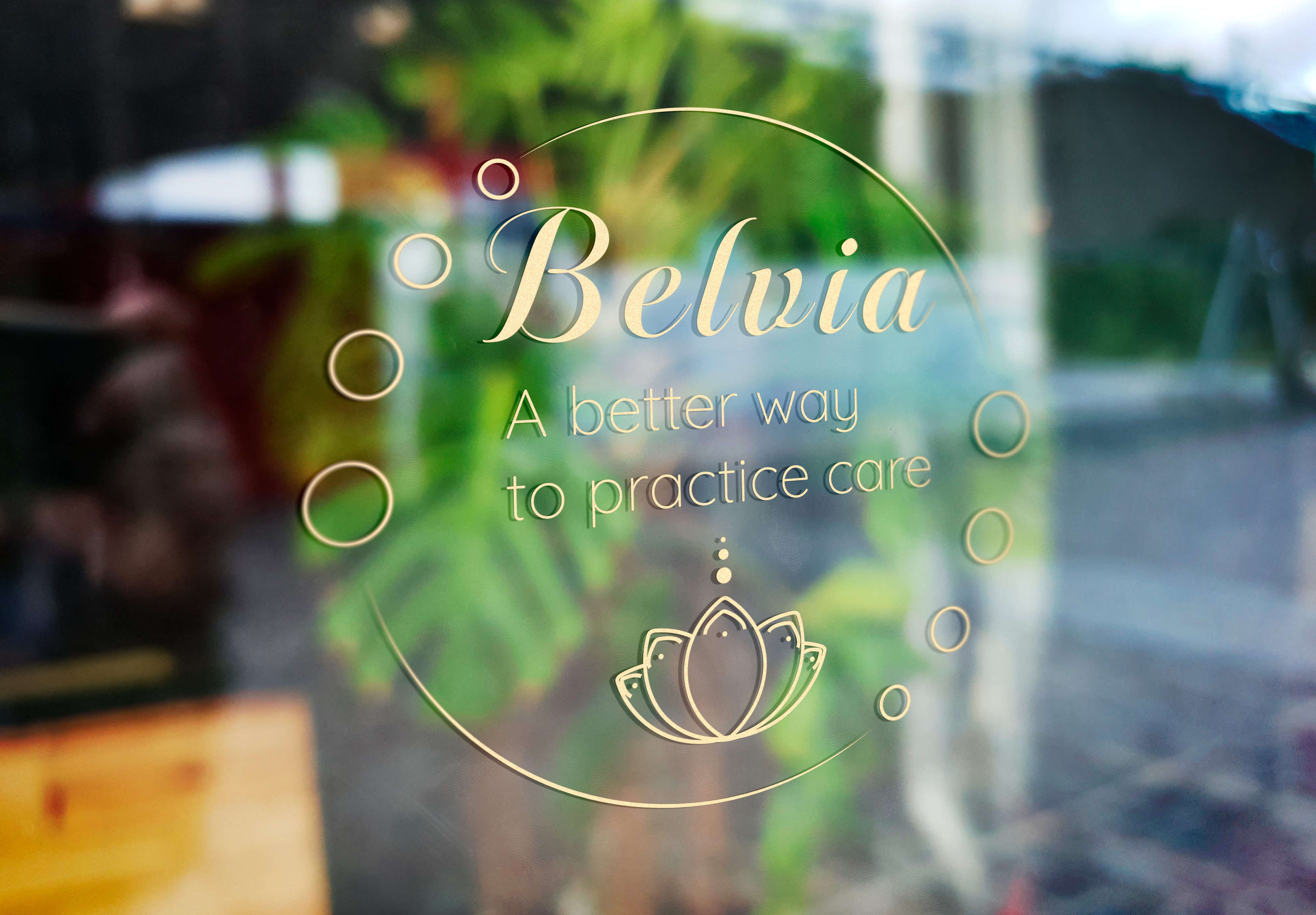 Belvia brand identity applied to wellness packaging and stationery