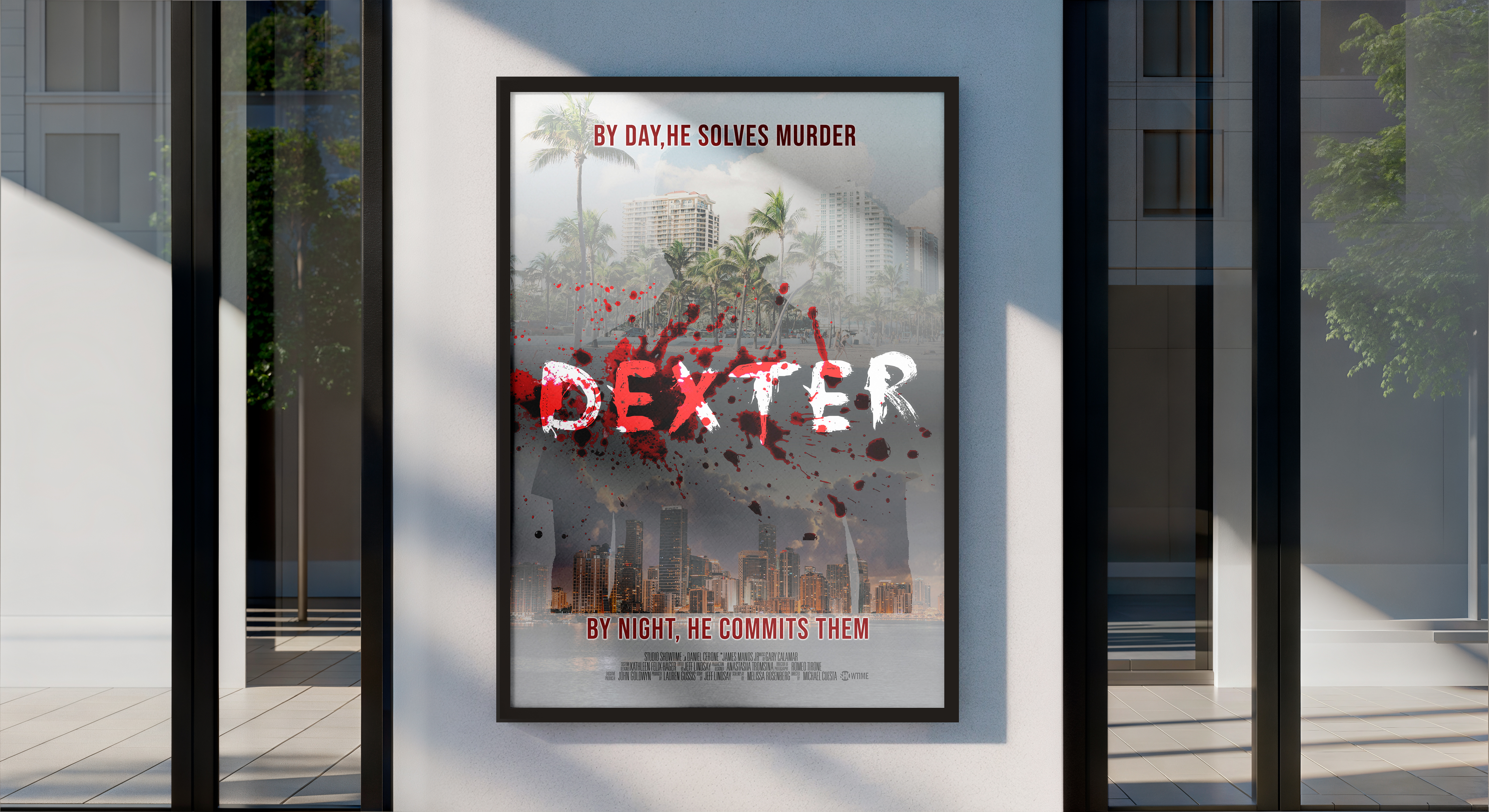 Concept movie poster design for the TV series Dexter exploring moral duality through contrasting imagery and blood textures