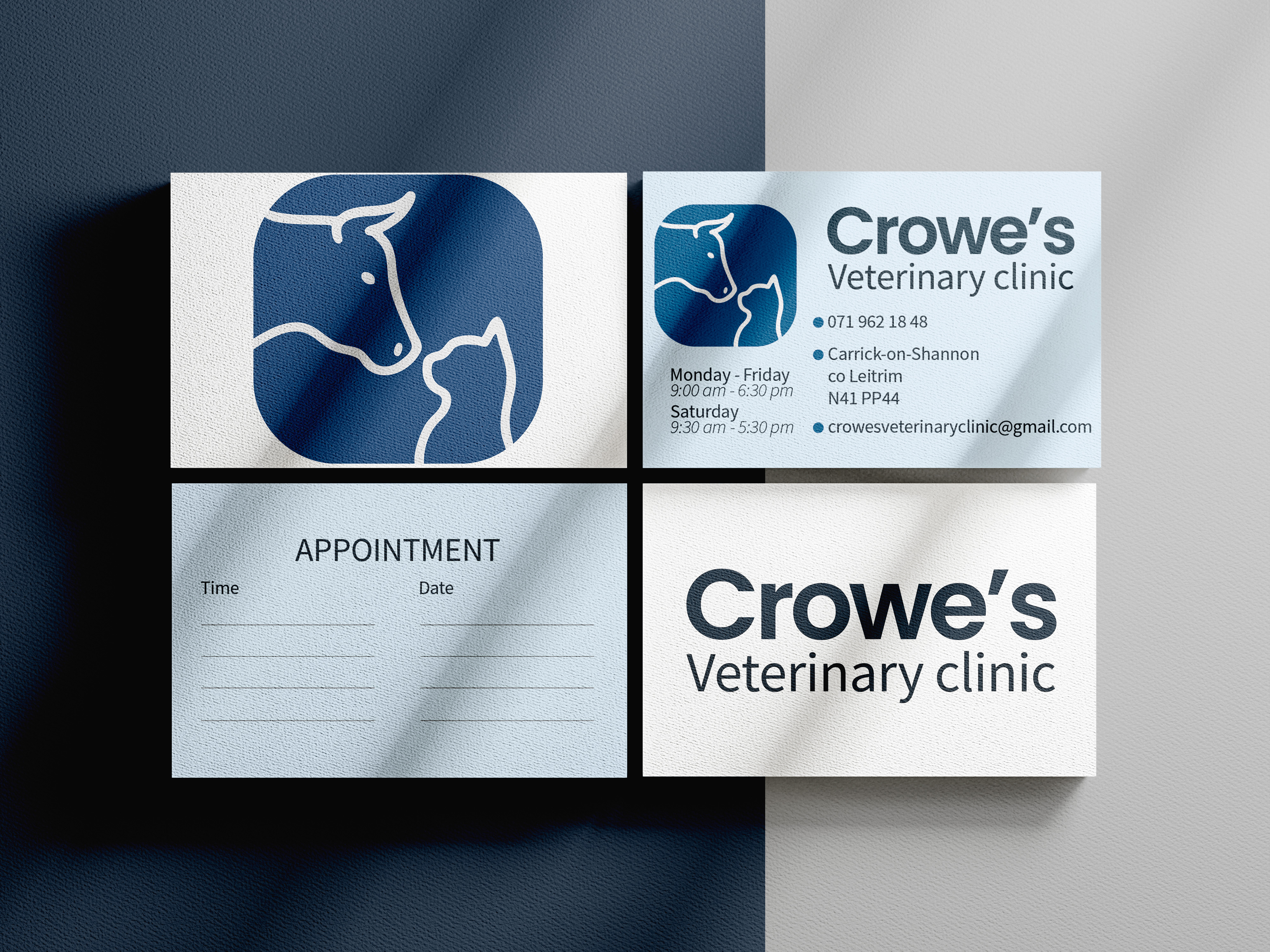 Business card design for Crowe Veterinary Clinic featuring clean typography and blue color palette