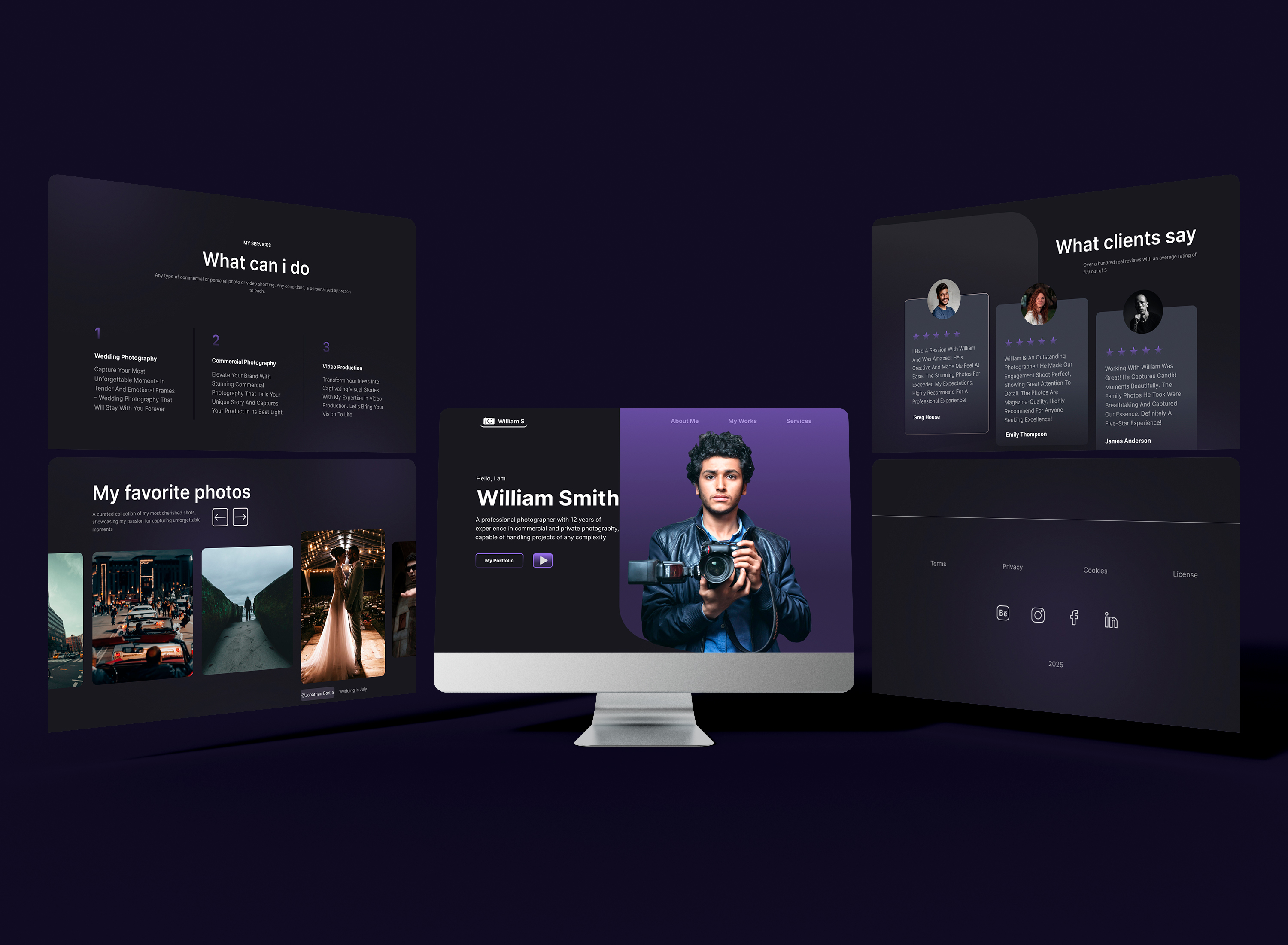 Visual web design concept for photographer portfolio displaying multiple interface sections in a modern dark theme